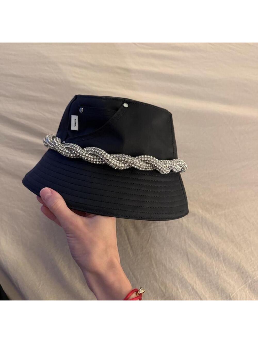 Black Kara bucket hat with silver rhinestone trim